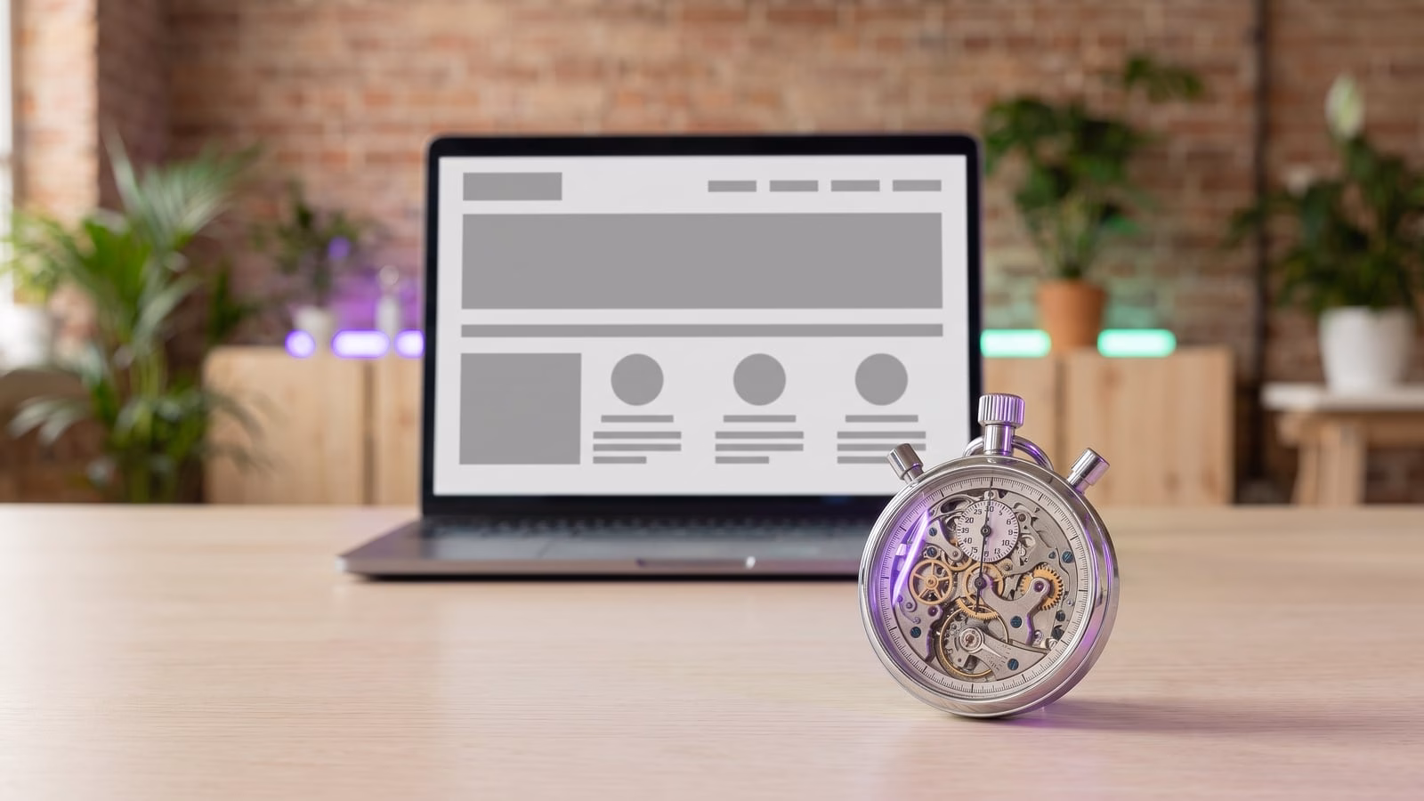 Un chronomètre mécanique au premier plan, devant un ordinateur portable dont la page se charge.